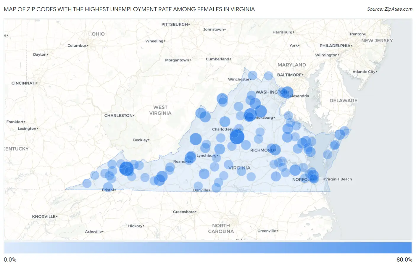 Zip Codes with the Highest Unemployment Rate Among Females in Virginia Map