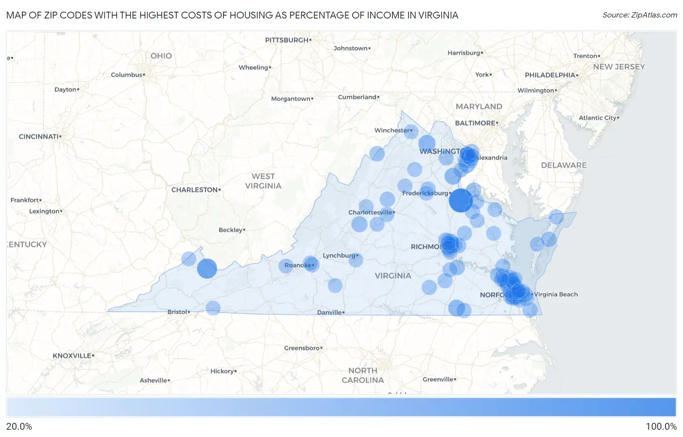 Zip Codes with the Highest Costs of Housing as Percentage of Income in Virginia Map