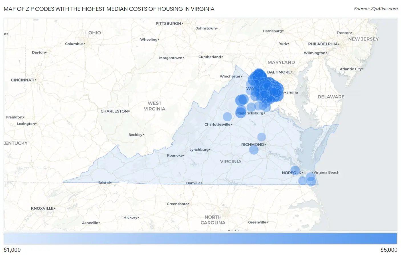 Zip Codes with the Highest Median Costs of Housing in Virginia Map