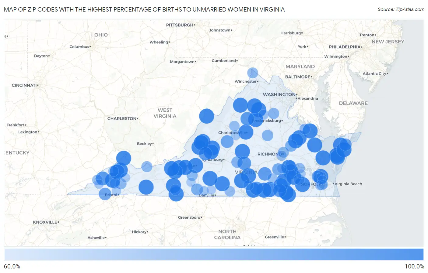 Zip Codes with the Highest Percentage of Births to Unmarried Women in Virginia Map