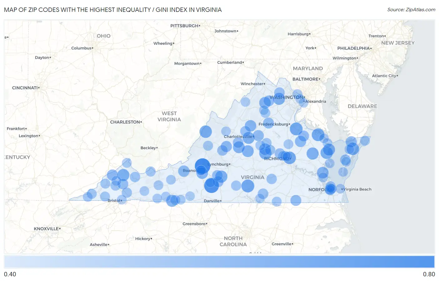 Zip Codes with the Highest Inequality / Gini Index in Virginia Map