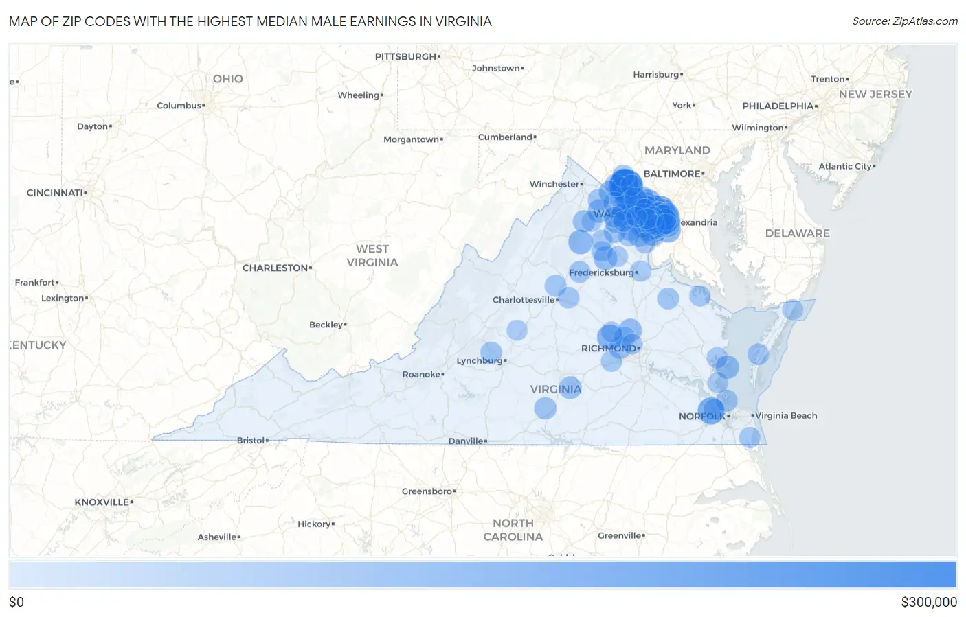 Zip Codes with the Highest Median Male Earnings in Virginia Map