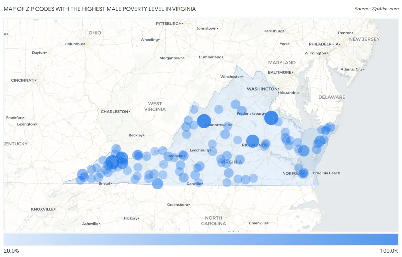 Zip Codes with the Highest Male Poverty Level in Virginia Map