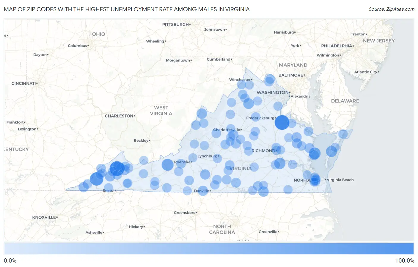 Zip Codes with the Highest Unemployment Rate Among Males in Virginia Map