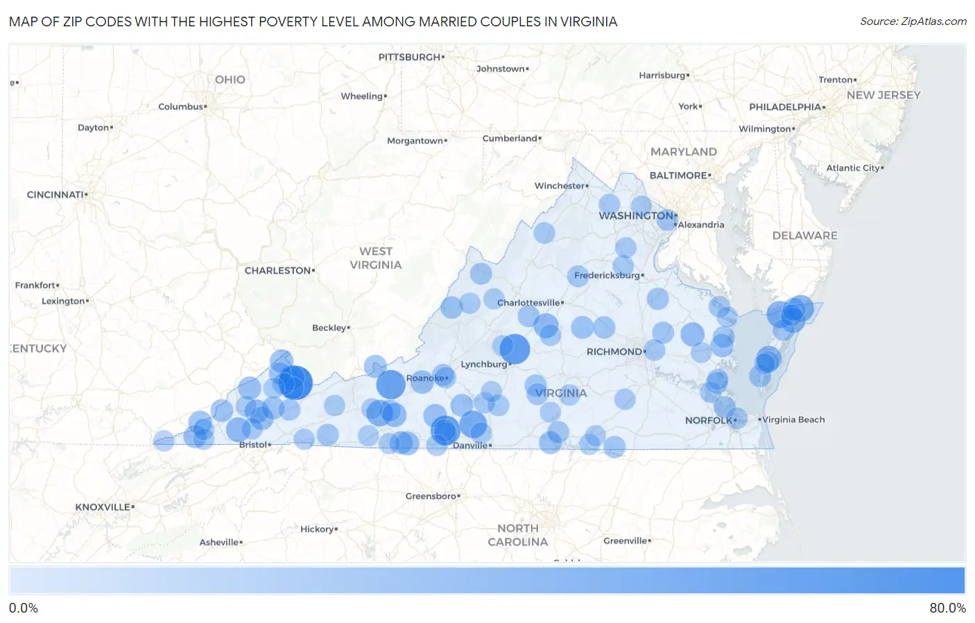 Zip Codes with the Highest Poverty Level Among Married Couples in Virginia Map