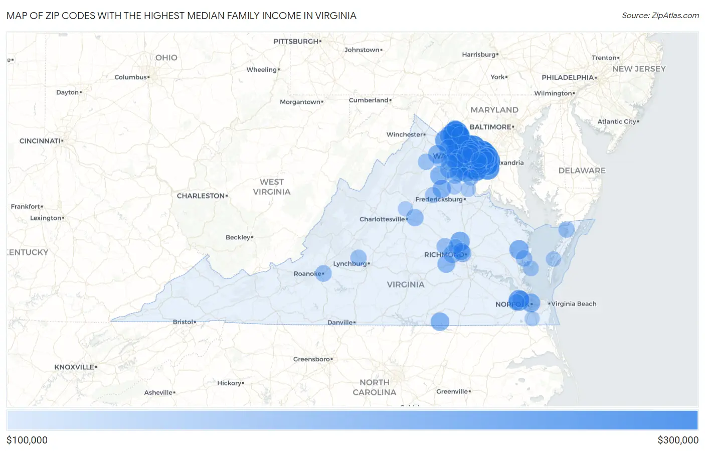 Zip Codes with the Highest Median Family Income in Virginia Map