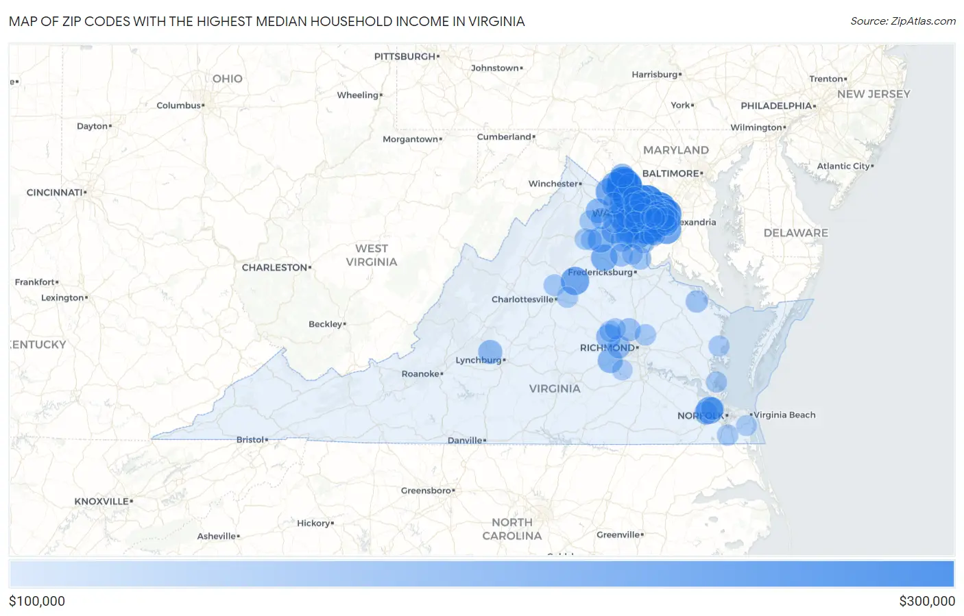 Zip Codes with the Highest Median Household Income in Virginia Map