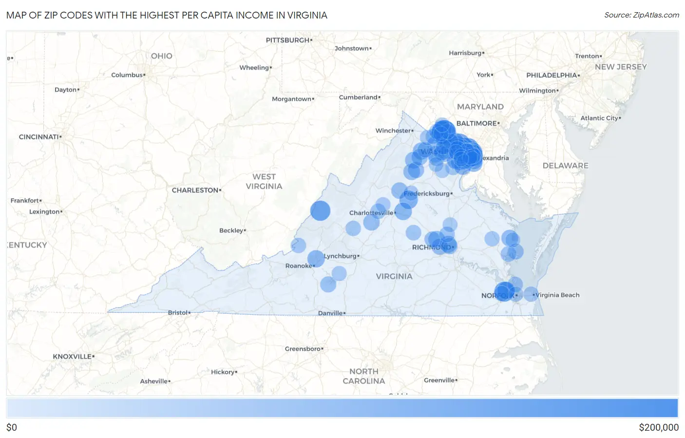 Zip Codes with the Highest Per Capita Income in Virginia Map