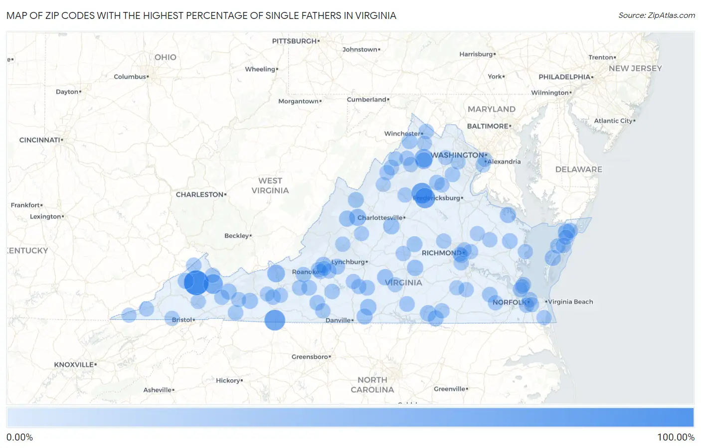 Zip Codes with the Highest Percentage of Single Fathers in Virginia Map