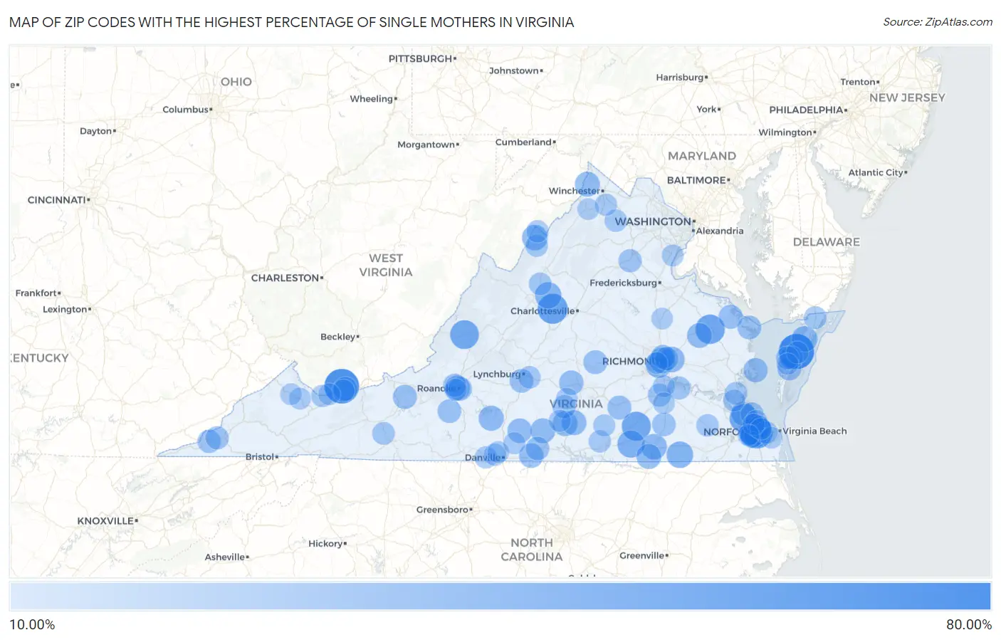 Zip Codes with the Highest Percentage of Single Mothers in Virginia Map