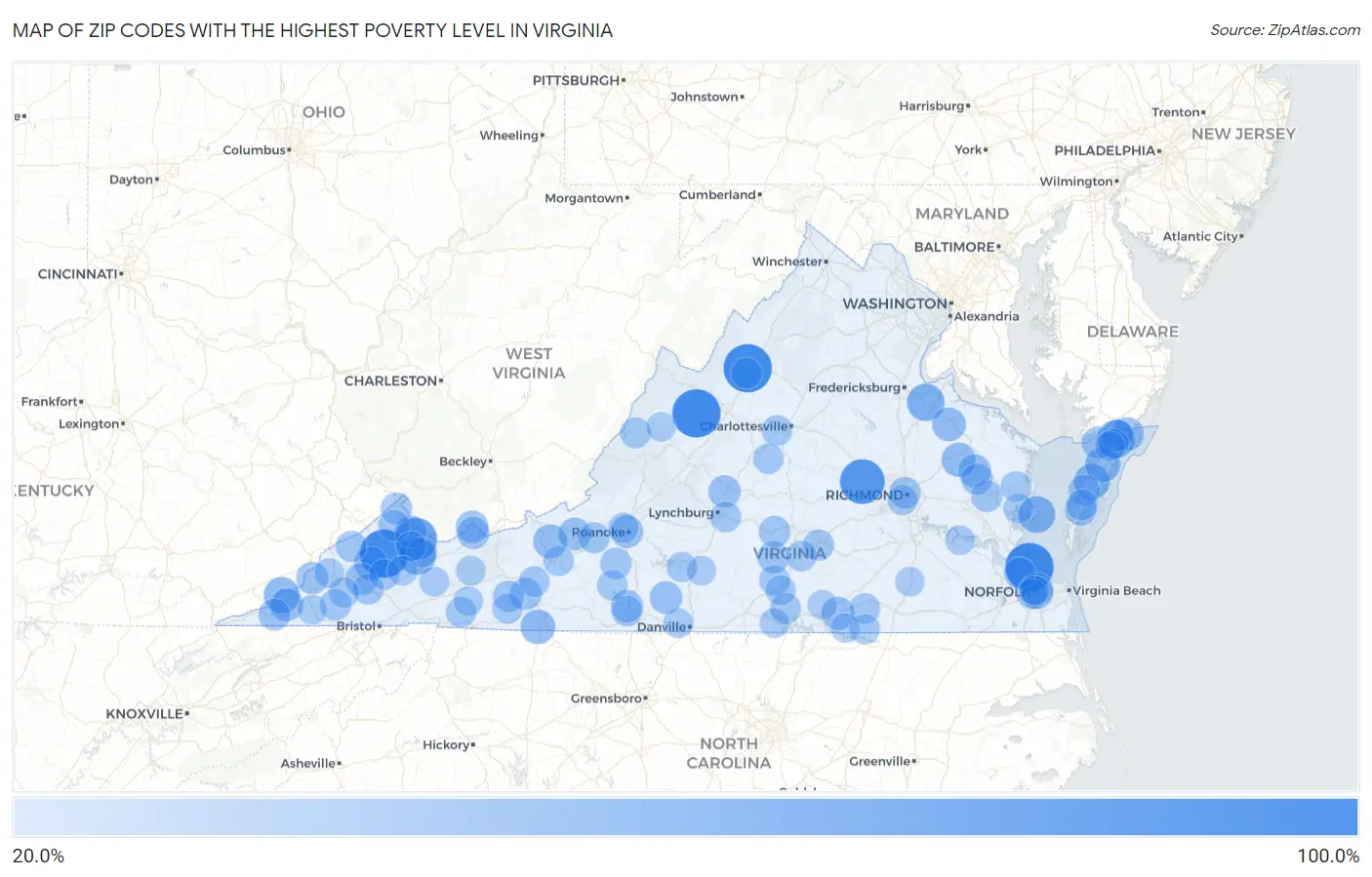 Zip Codes with the Highest Poverty Level in Virginia Map