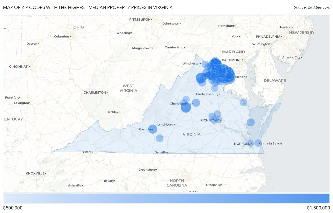 Zip Codes with the Highest Median Property Prices in Virginia Map