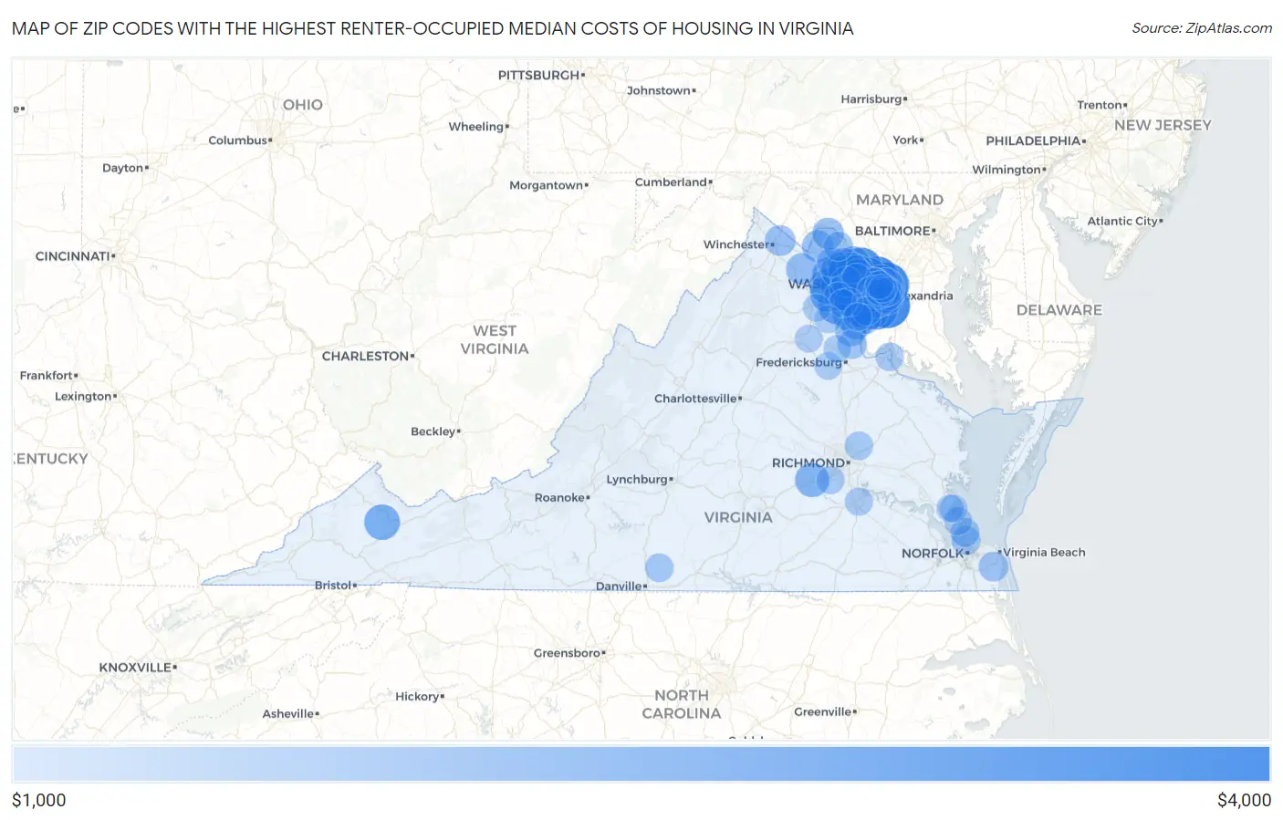 Zip Codes with the Highest Renter-Occupied Median Costs of Housing in Virginia Map