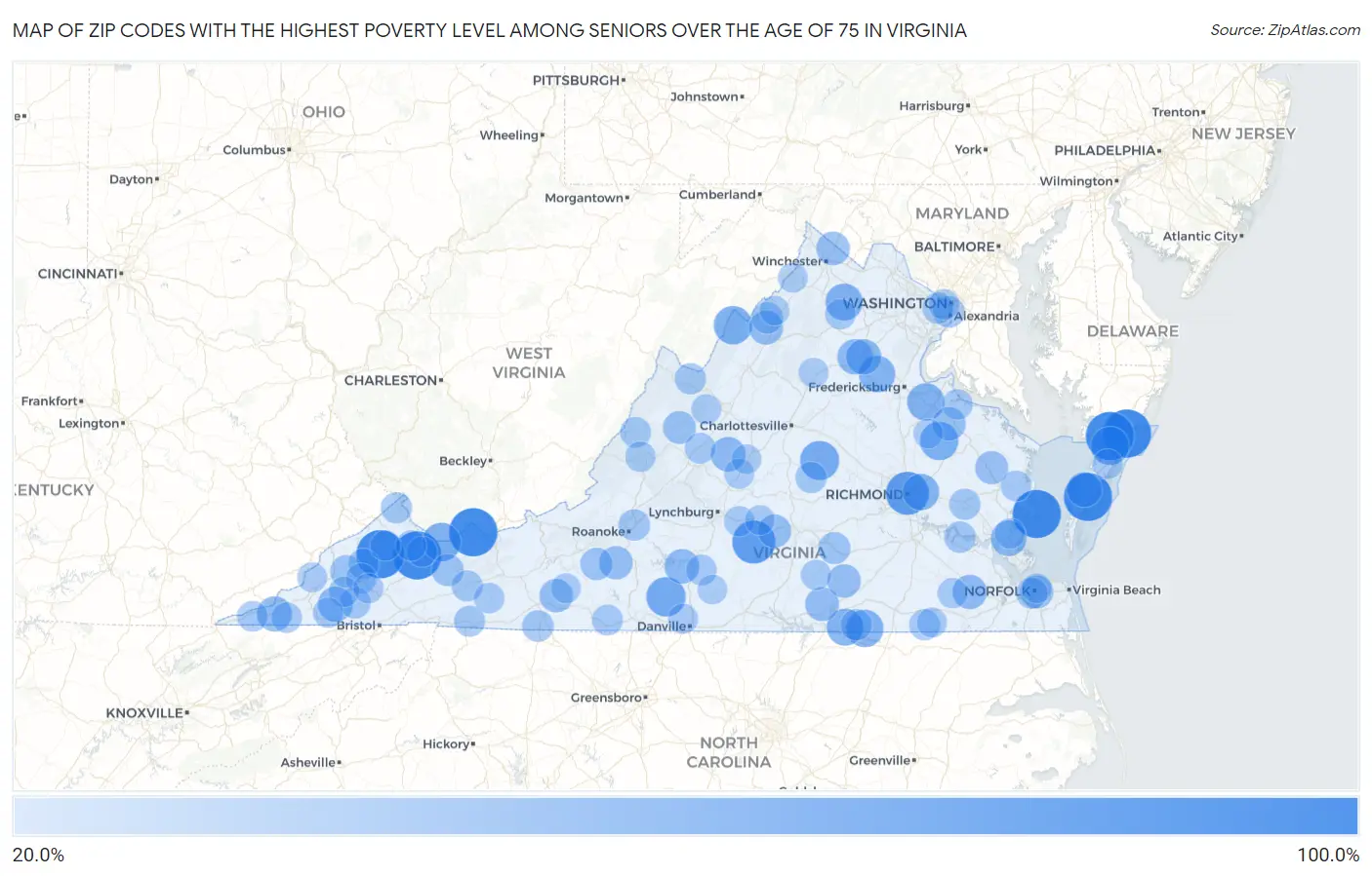 Zip Codes with the Highest Poverty Level Among Seniors Over the Age of 75 in Virginia Map