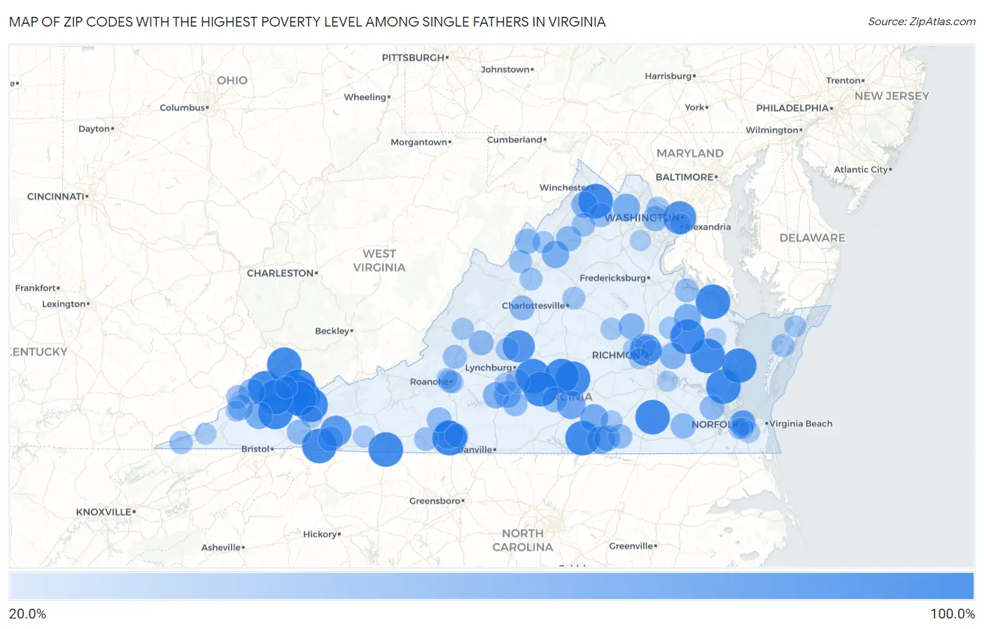 Zip Codes with the Highest Poverty Level Among Single Fathers in Virginia Map
