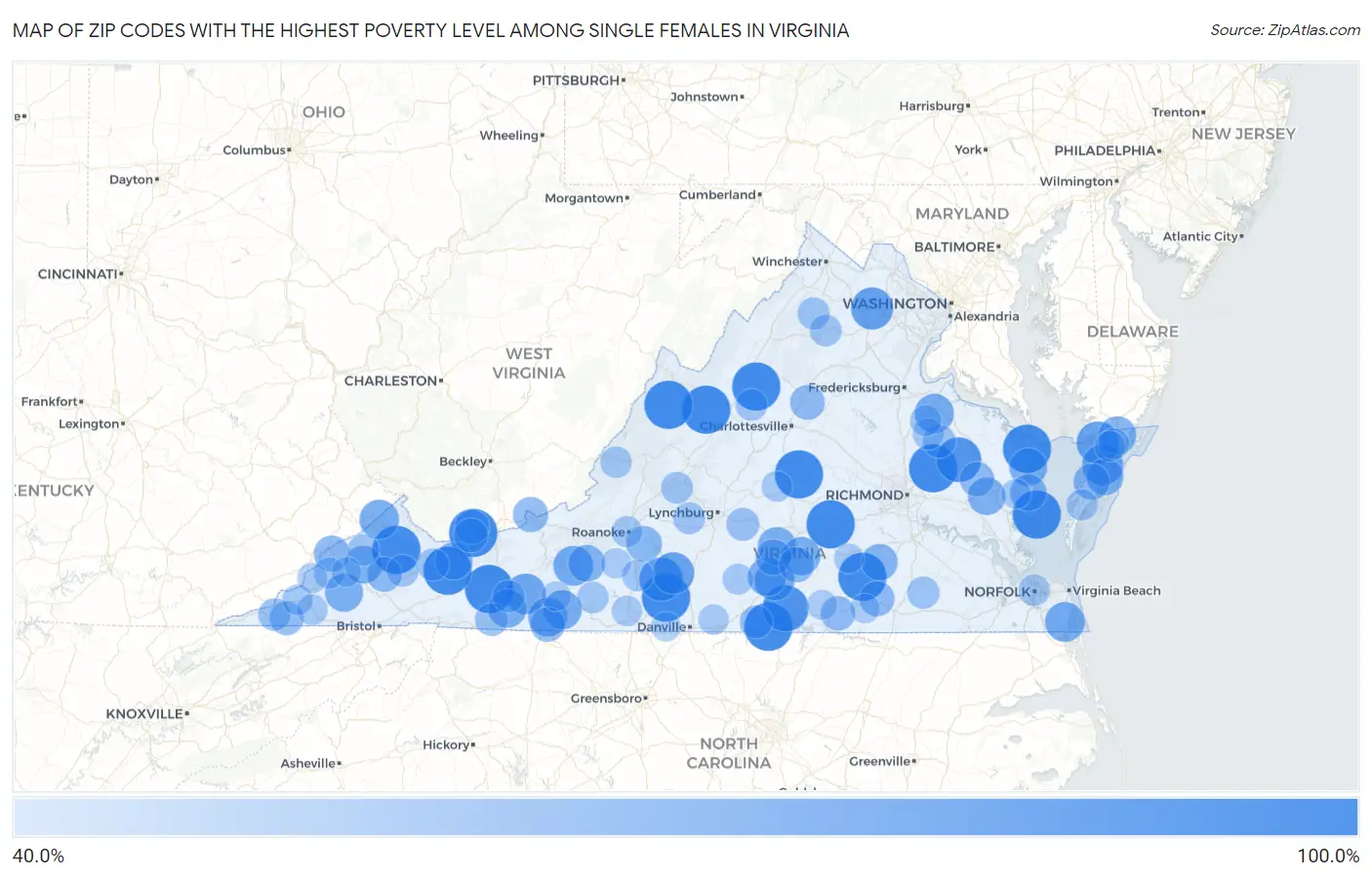 Zip Codes with the Highest Poverty Level Among Single Females in Virginia Map