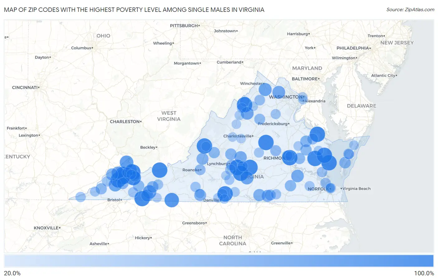 Zip Codes with the Highest Poverty Level Among Single Males in Virginia Map