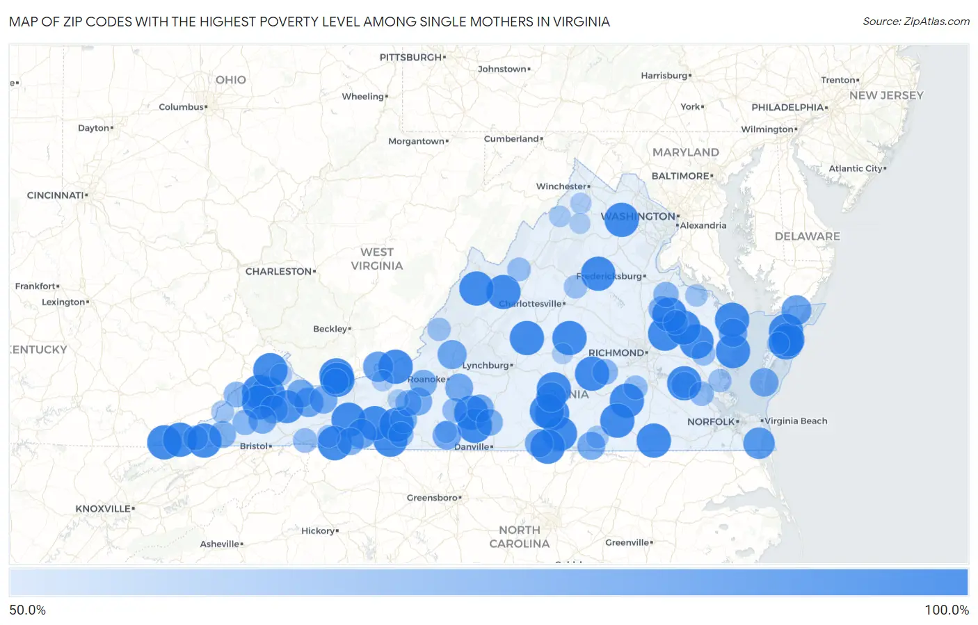 Zip Codes with the Highest Poverty Level Among Single Mothers in Virginia Map