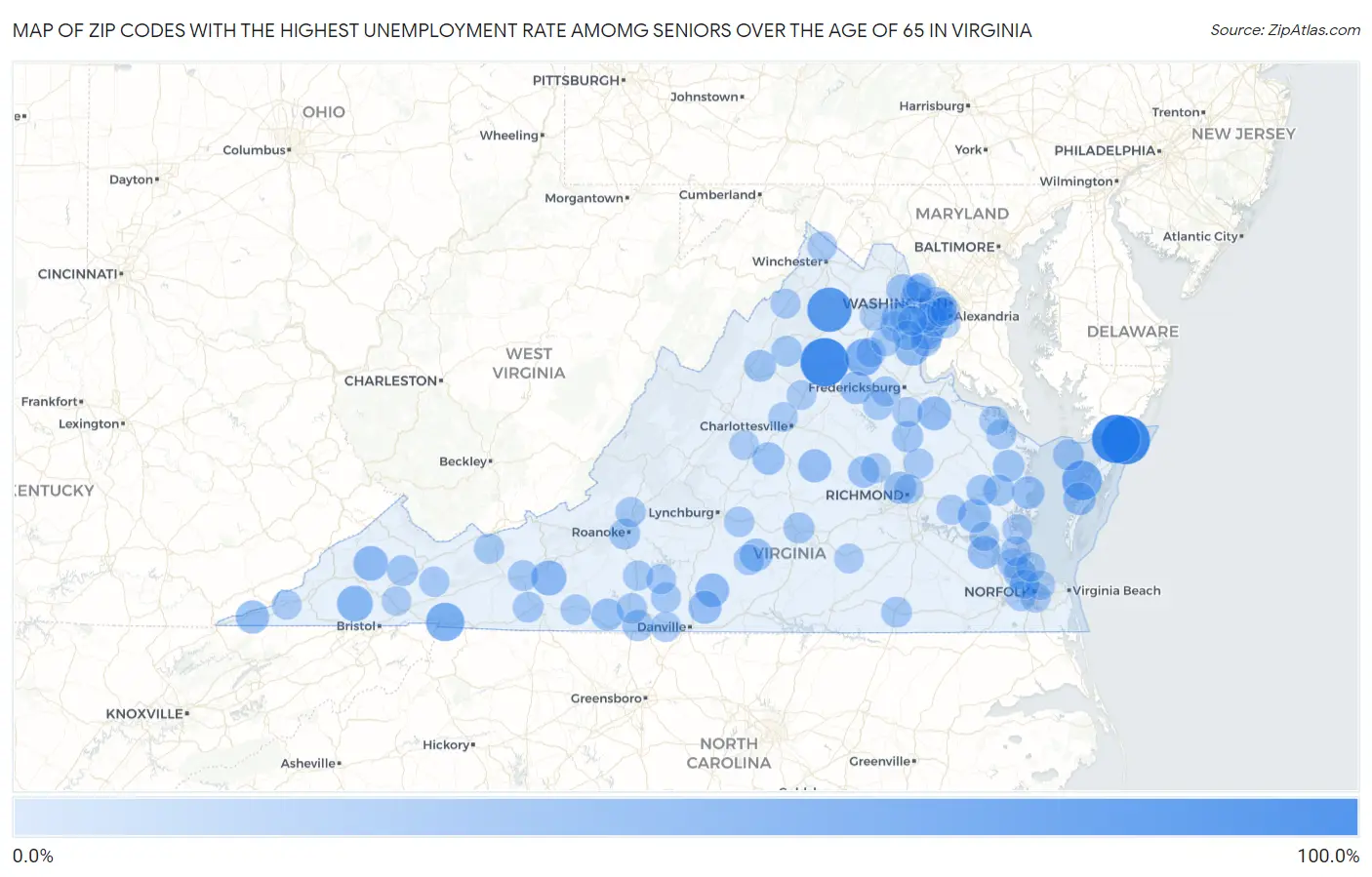 Zip Codes with the Highest Unemployment Rate Amomg Seniors Over the Age of 65 in Virginia Map