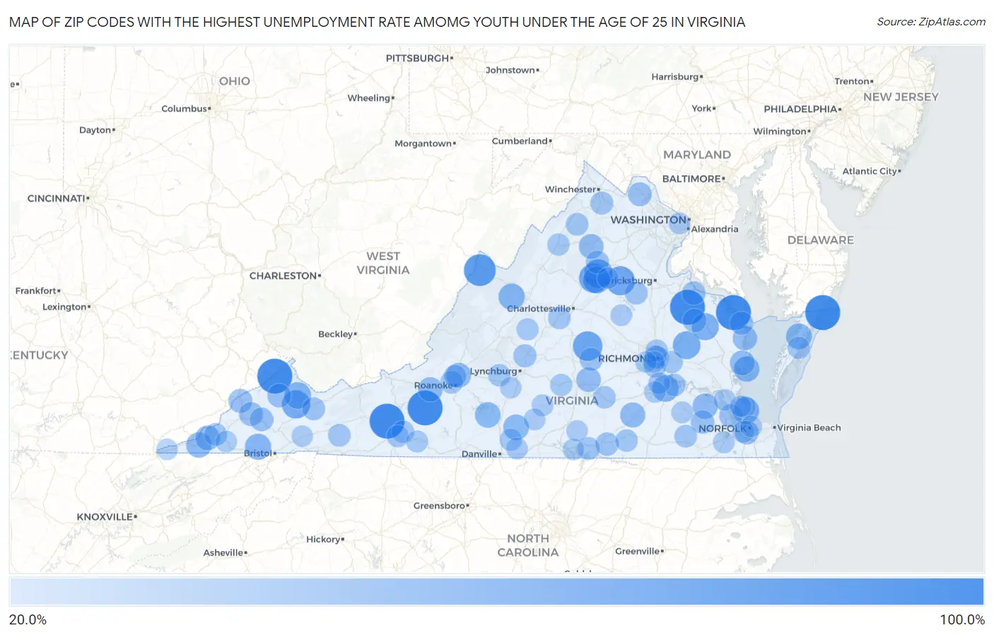 Zip Codes with the Highest Unemployment Rate Amomg Youth Under the Age of 25 in Virginia Map