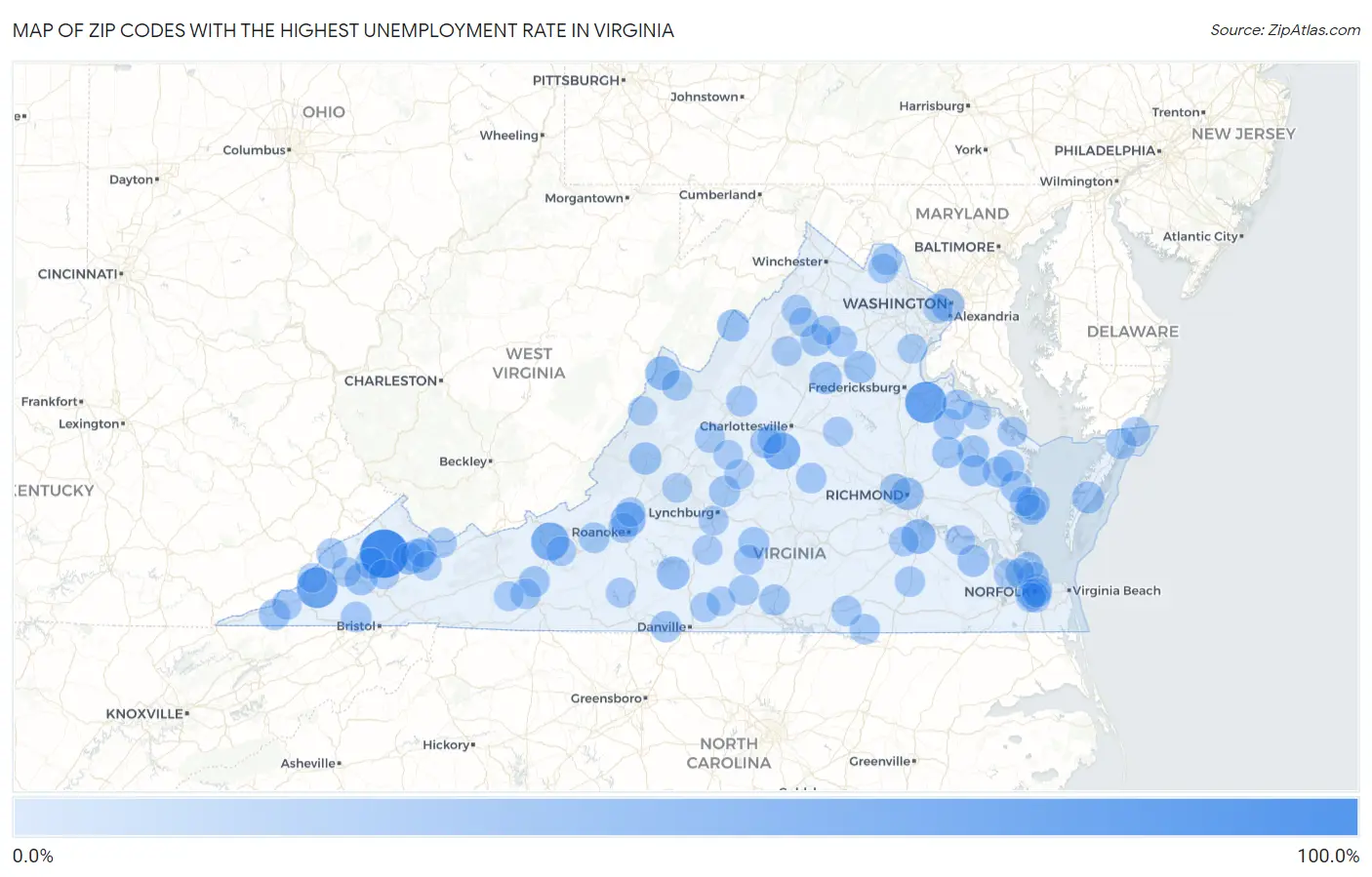 Zip Codes with the Highest Unemployment Rate in Virginia Map
