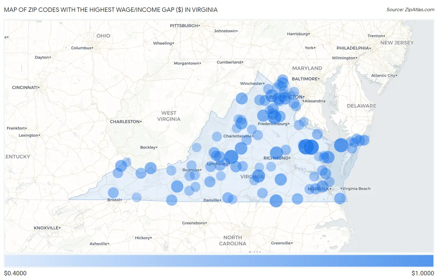 Zip Codes with the Highest Wage/Income Gap ($) in Virginia Map