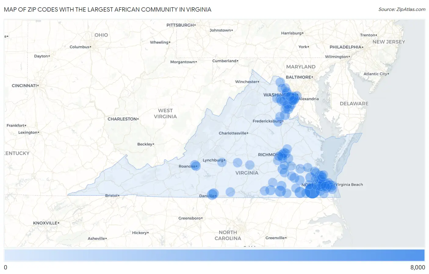 Zip Codes with the Largest African Community in Virginia Map