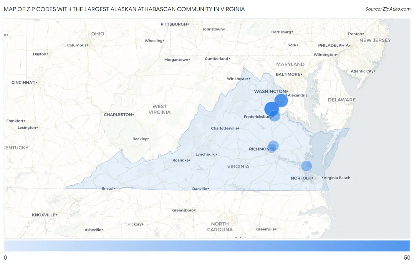 Zip Codes with the Largest Alaskan Athabascan Community in Virginia Map