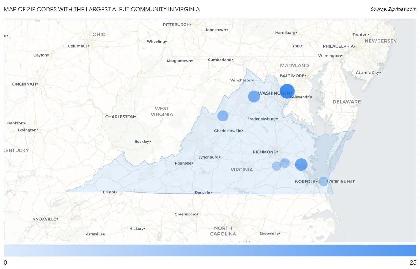 Zip Codes with the Largest Aleut Community in Virginia Map