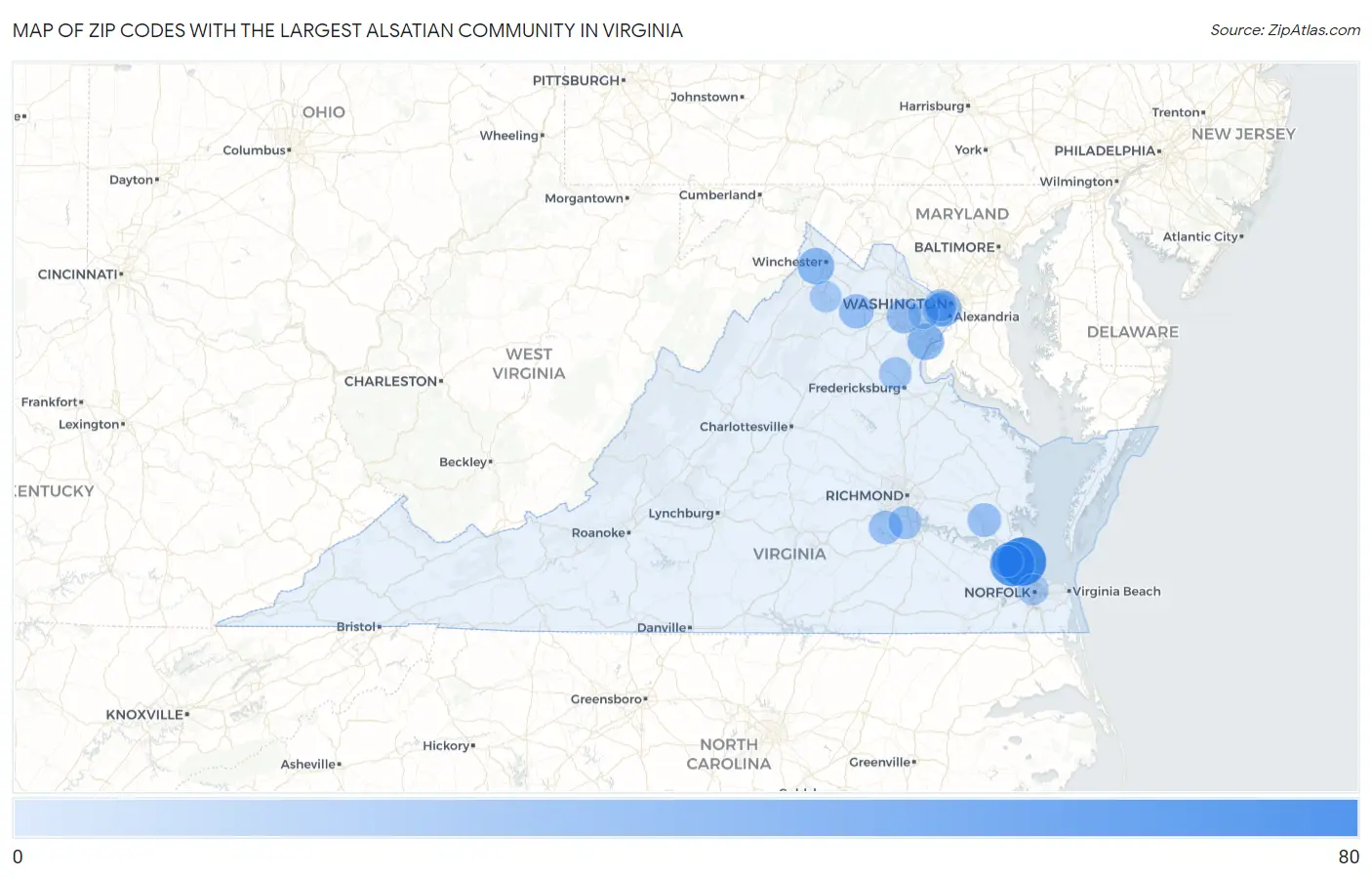 Zip Codes with the Largest Alsatian Community in Virginia Map