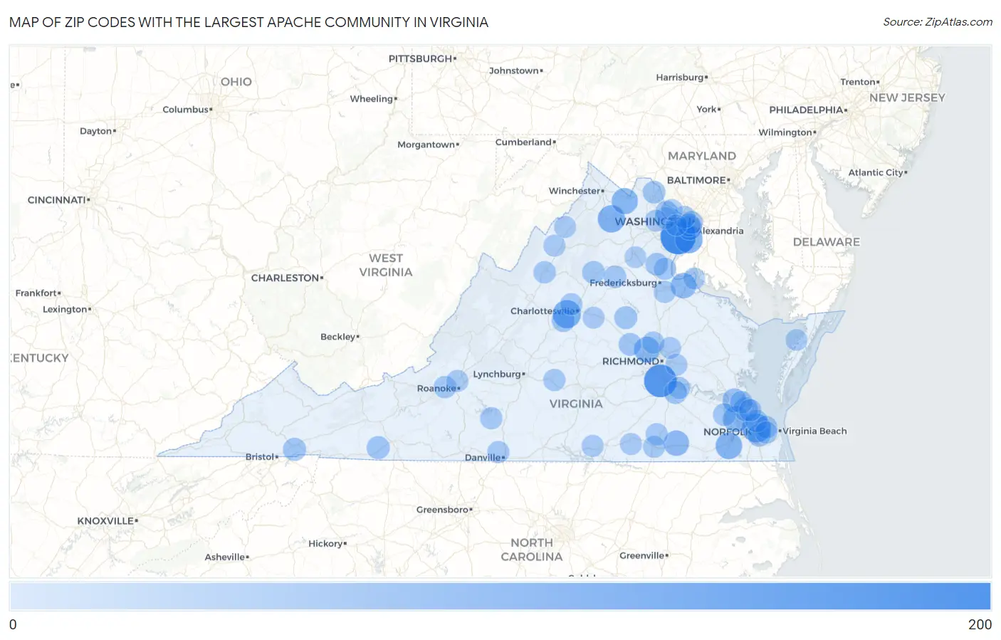 Zip Codes with the Largest Apache Community in Virginia Map