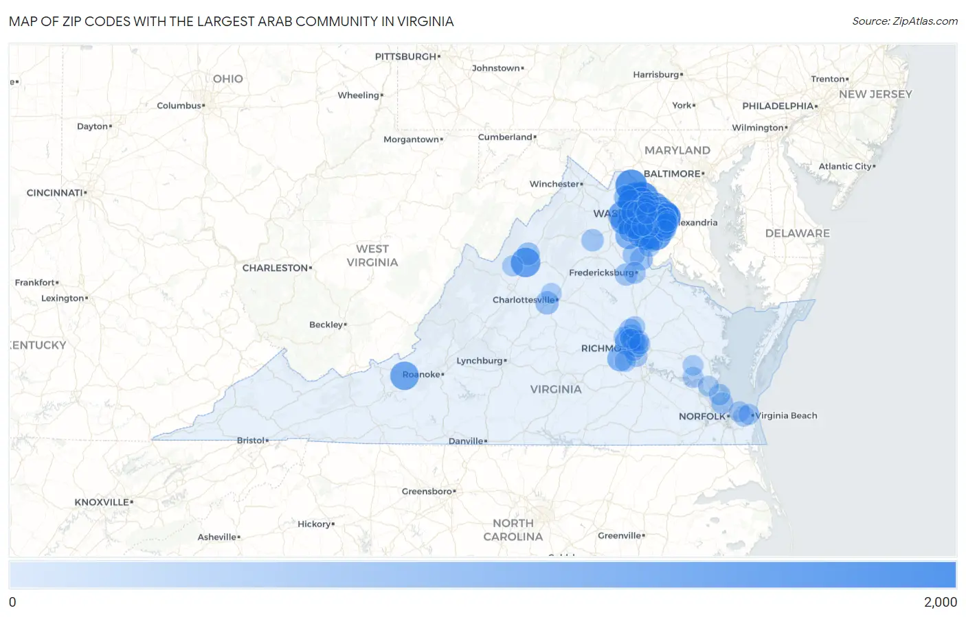 Zip Codes with the Largest Arab Community in Virginia Map