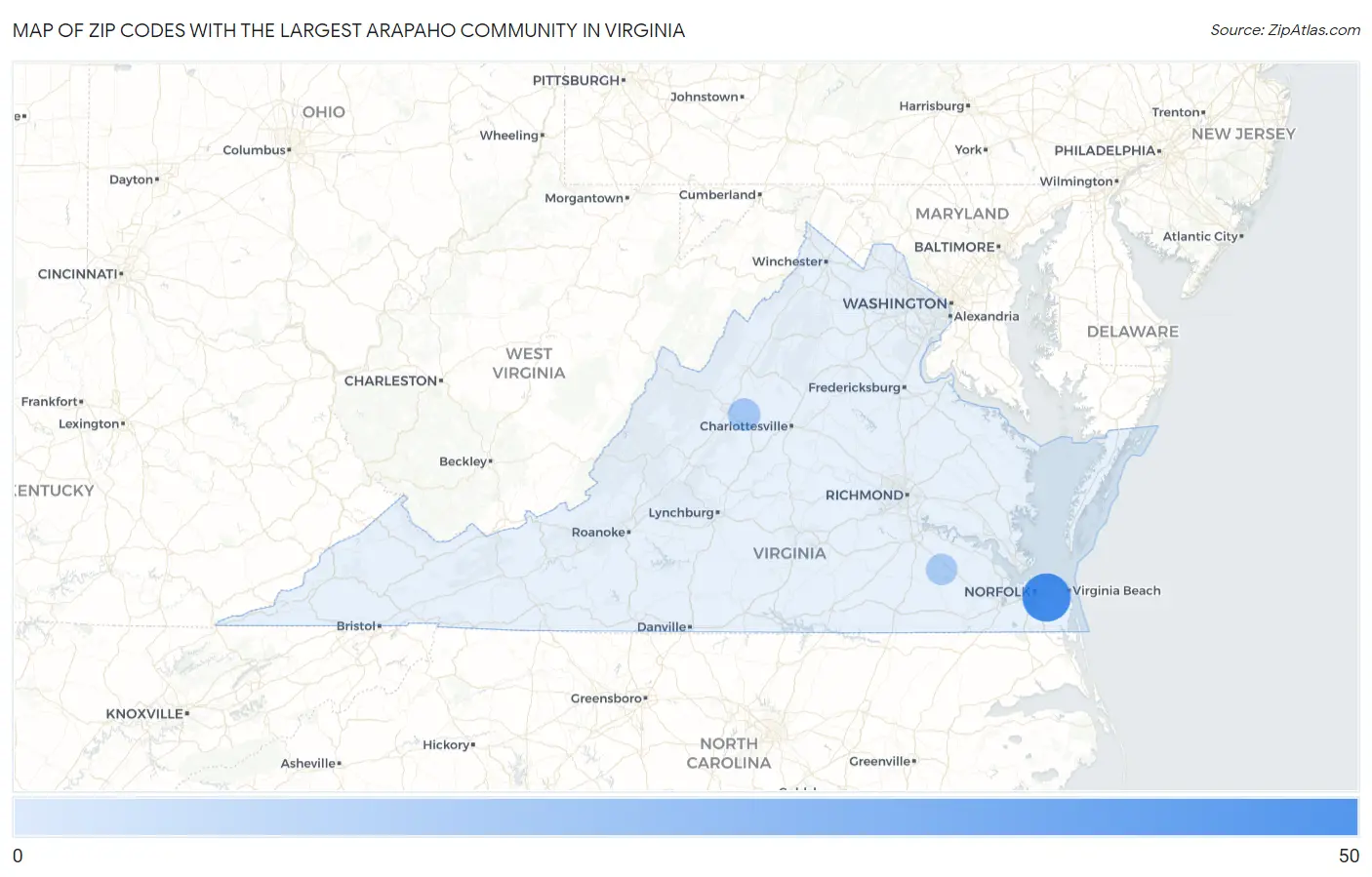 Zip Codes with the Largest Arapaho Community in Virginia Map