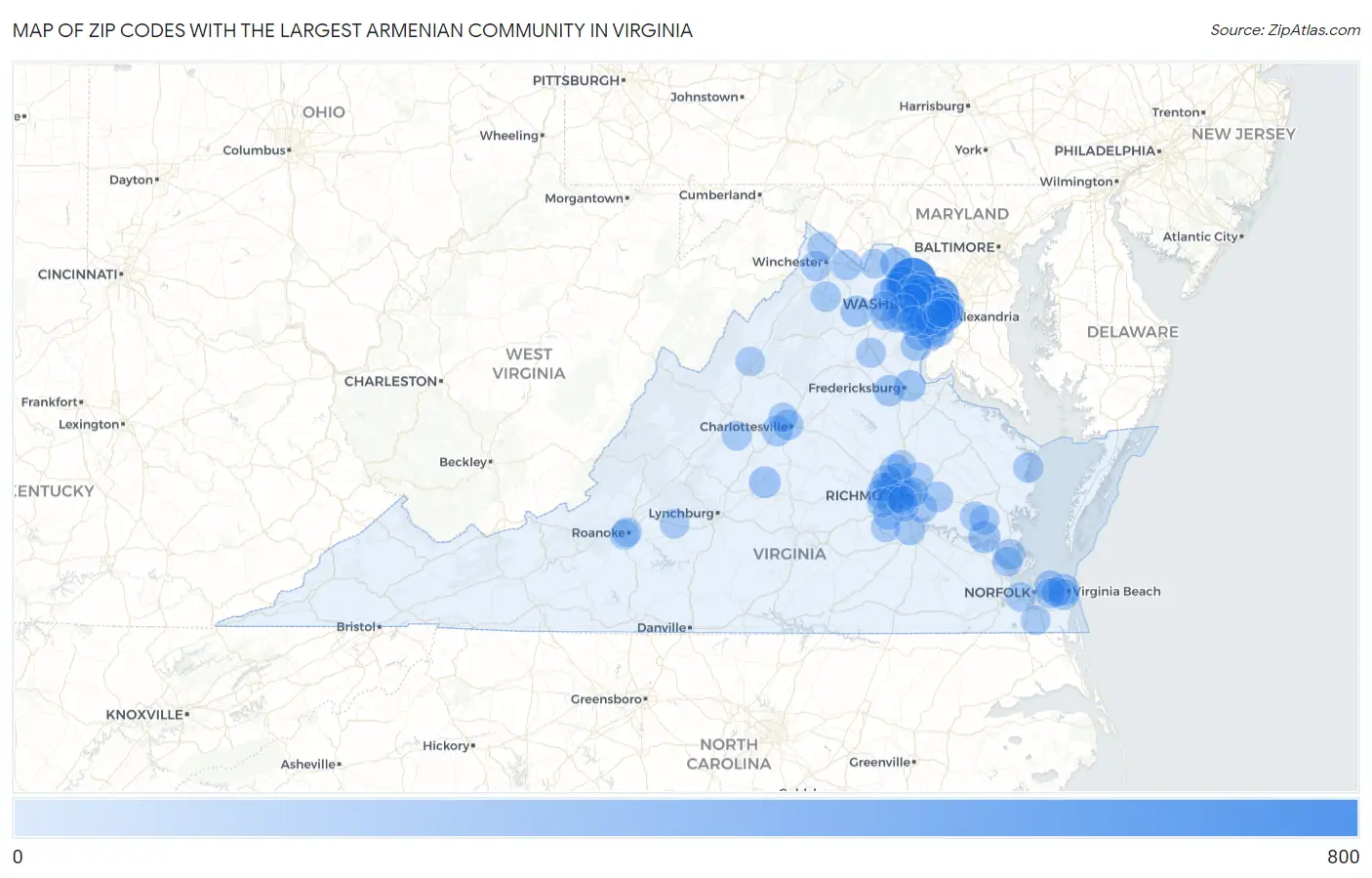 Zip Codes with the Largest Armenian Community in Virginia Map