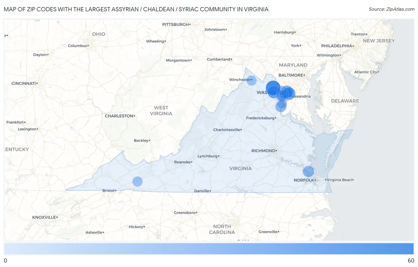 Zip Codes with the Largest Assyrian / Chaldean / Syriac Community in Virginia Map