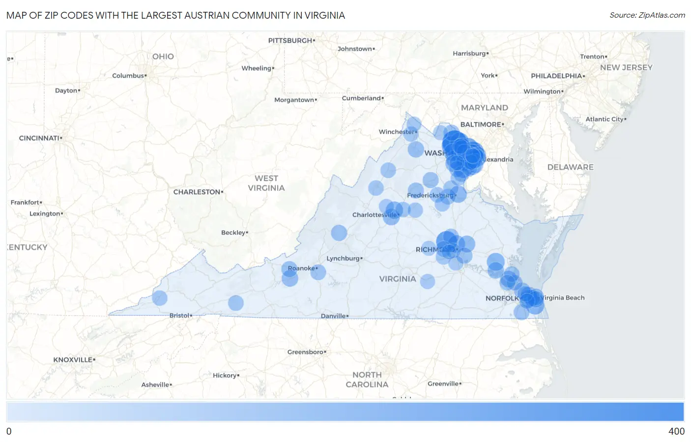 Zip Codes with the Largest Austrian Community in Virginia Map