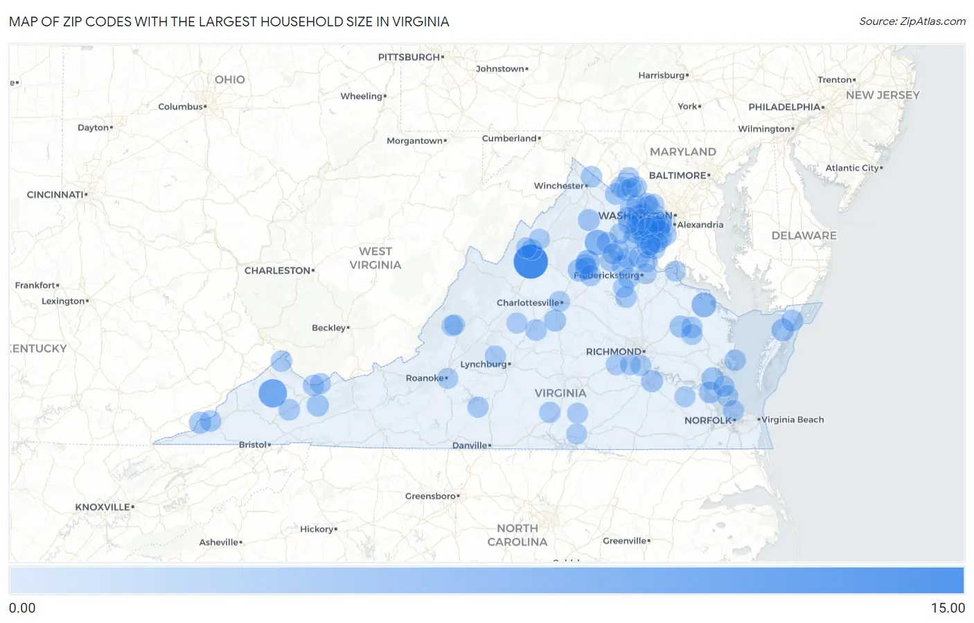 Zip Codes with the Largest Household Size in Virginia Map