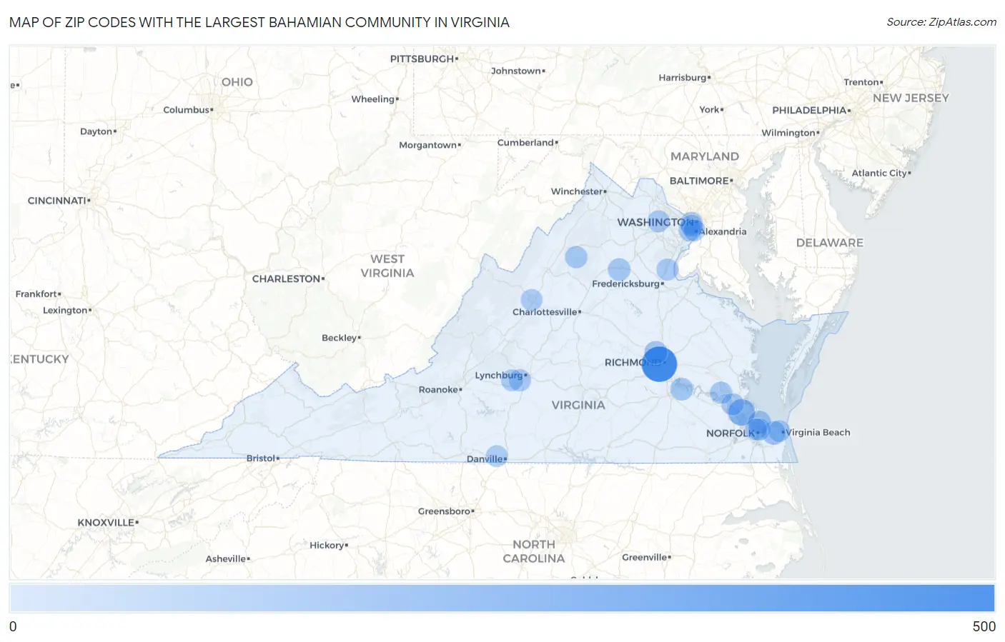 Zip Codes with the Largest Bahamian Community in Virginia Map