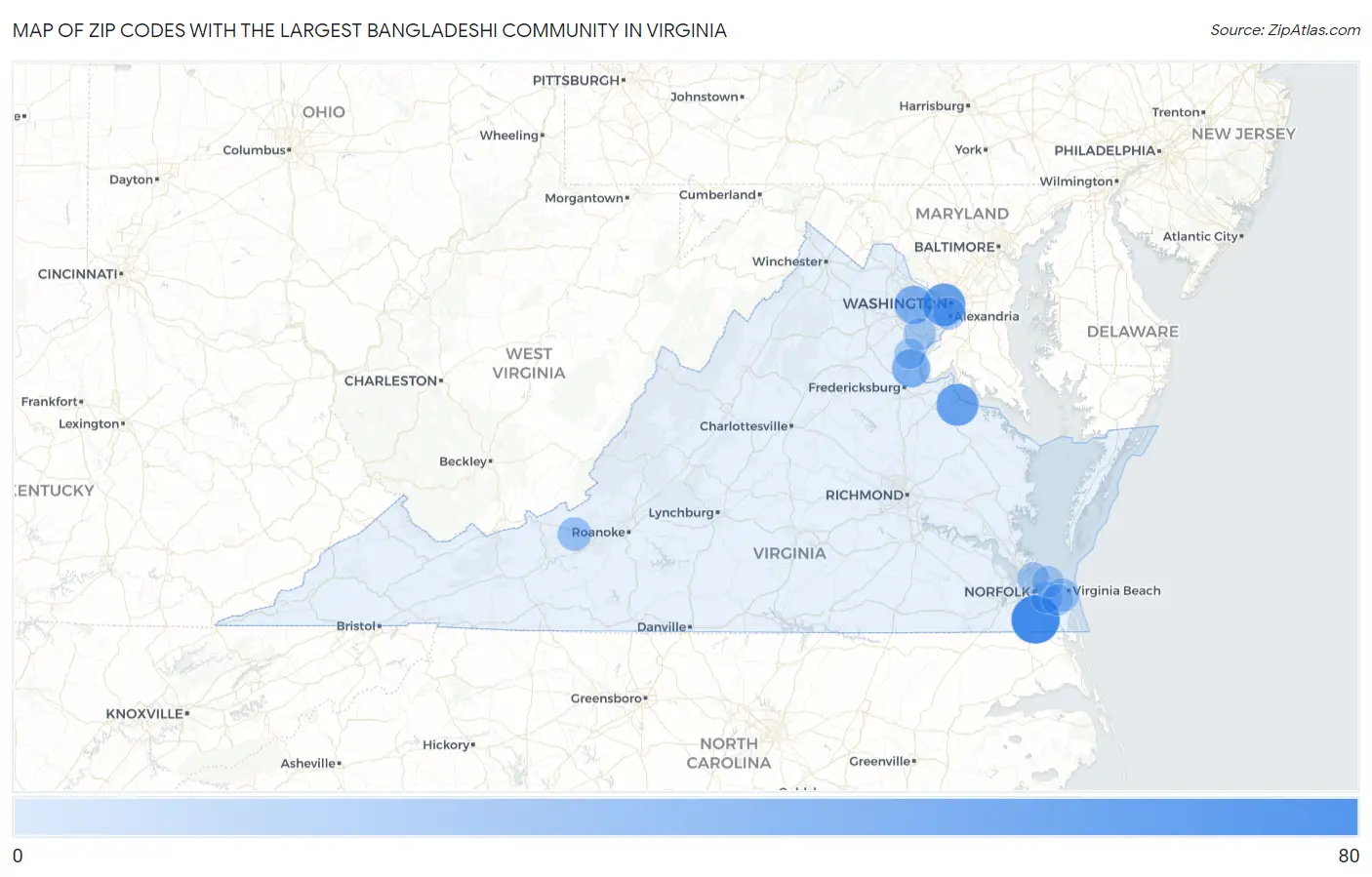 Zip Codes with the Largest Bangladeshi Community in Virginia Map