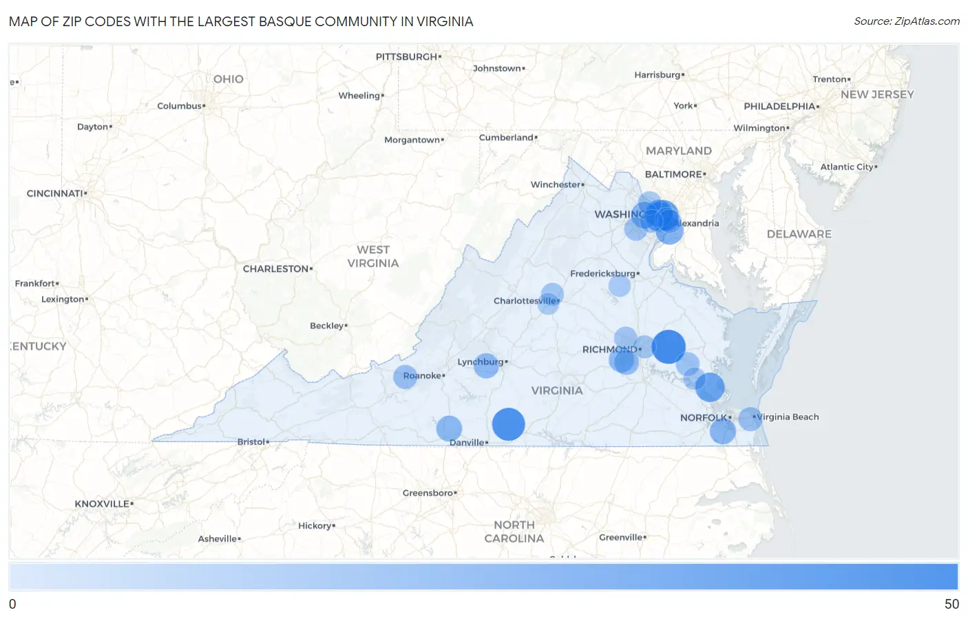 Zip Codes with the Largest Basque Community in Virginia Map