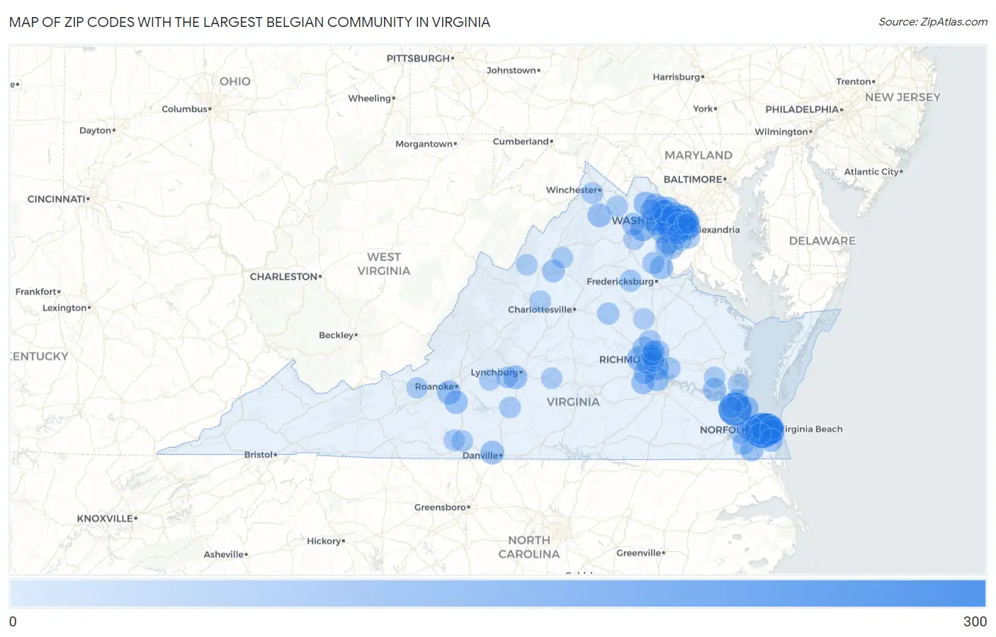 Zip Codes with the Largest Belgian Community in Virginia Map