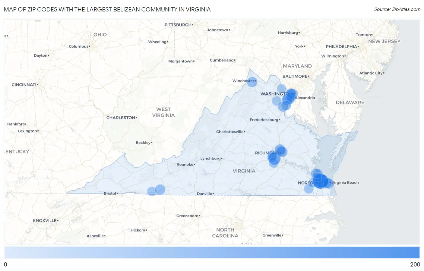 Zip Codes with the Largest Belizean Community in Virginia Map