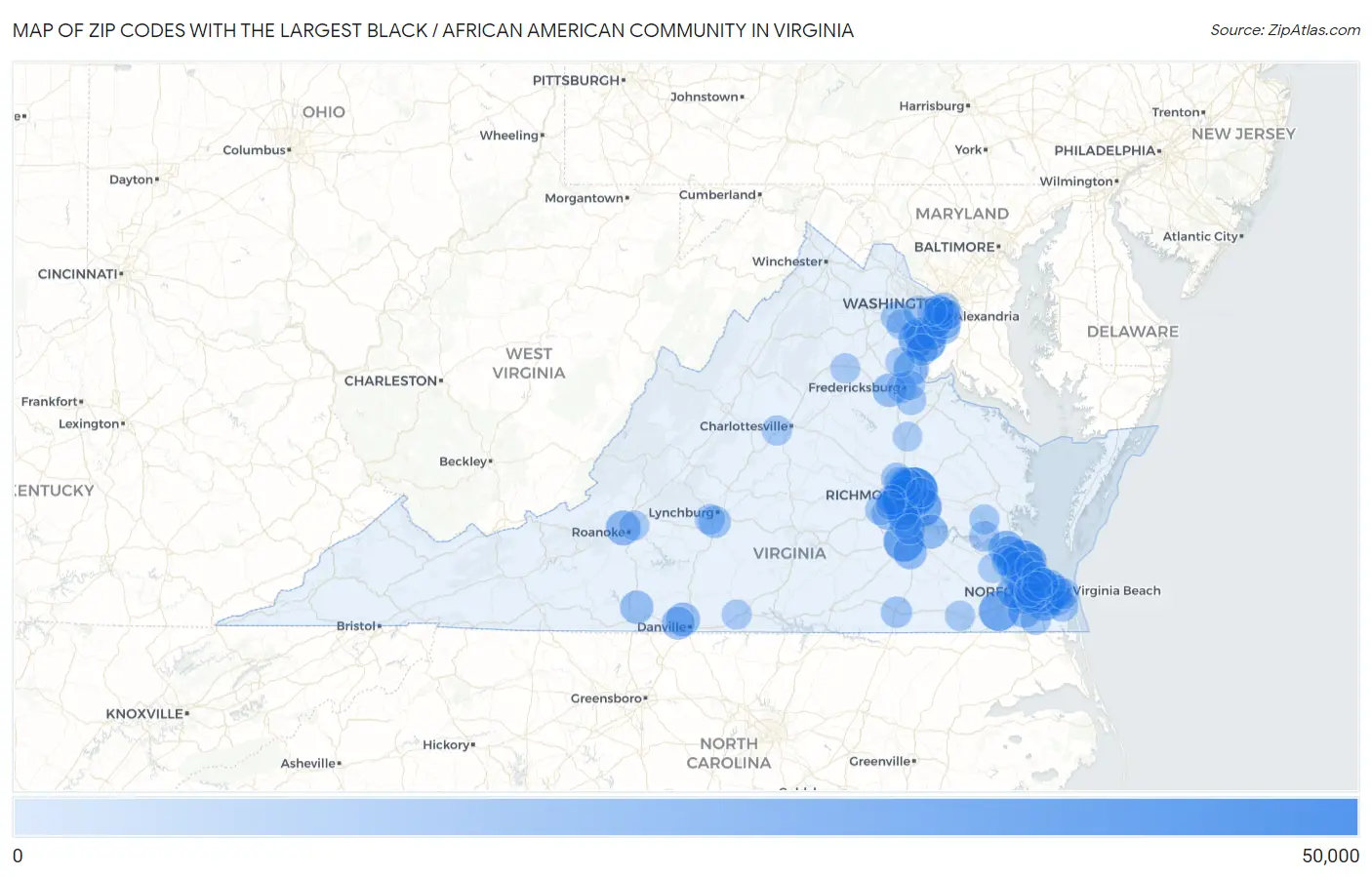 Zip Codes with the Largest Black / African American Community in Virginia Map