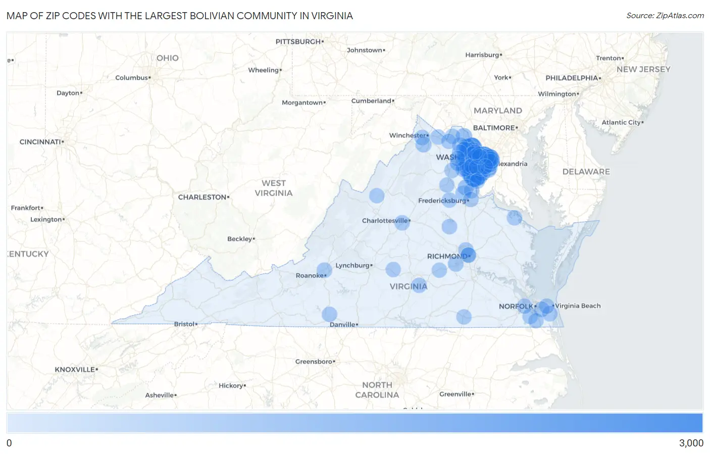 Zip Codes with the Largest Bolivian Community in Virginia Map