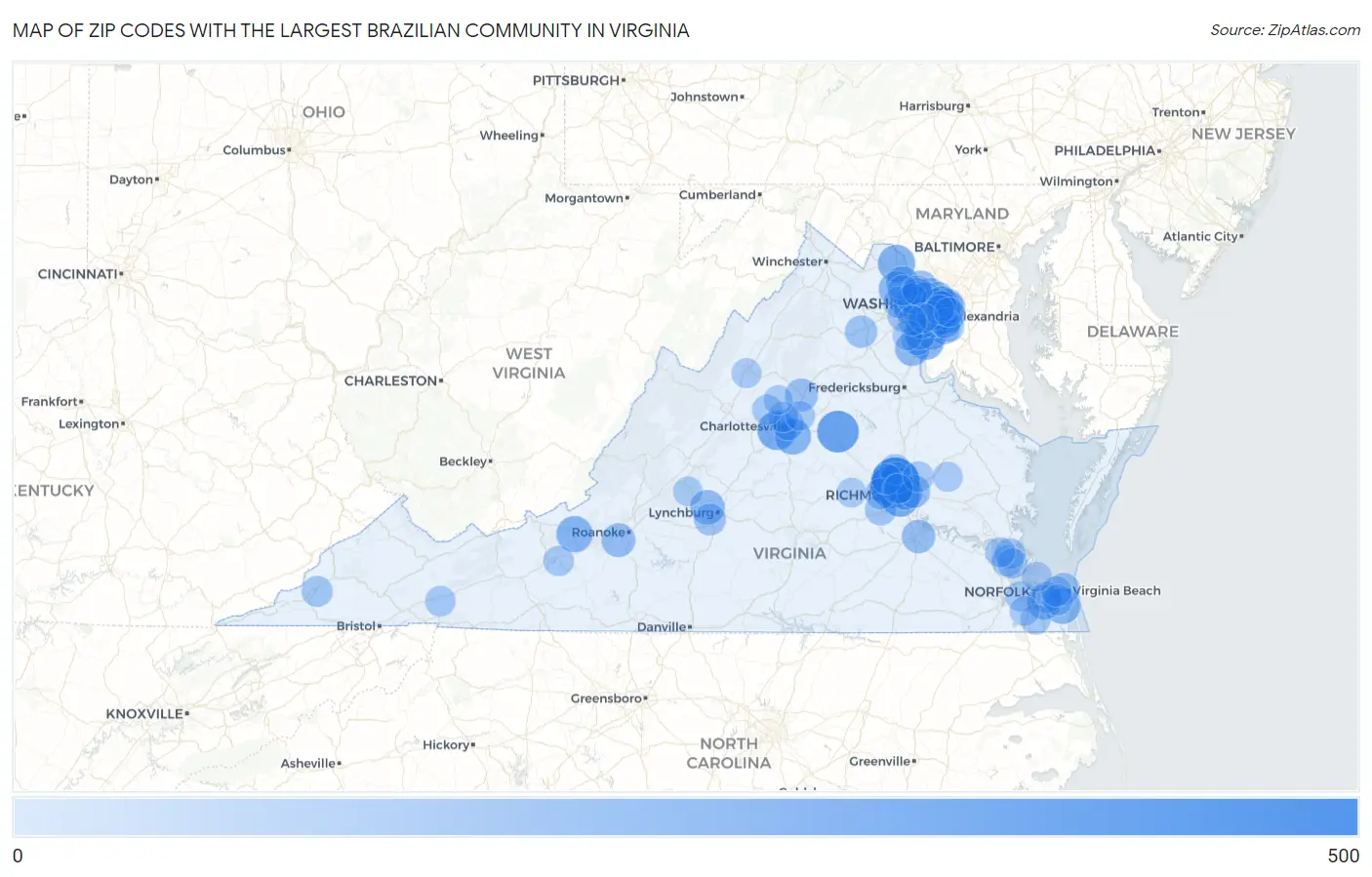Zip Codes with the Largest Brazilian Community in Virginia Map