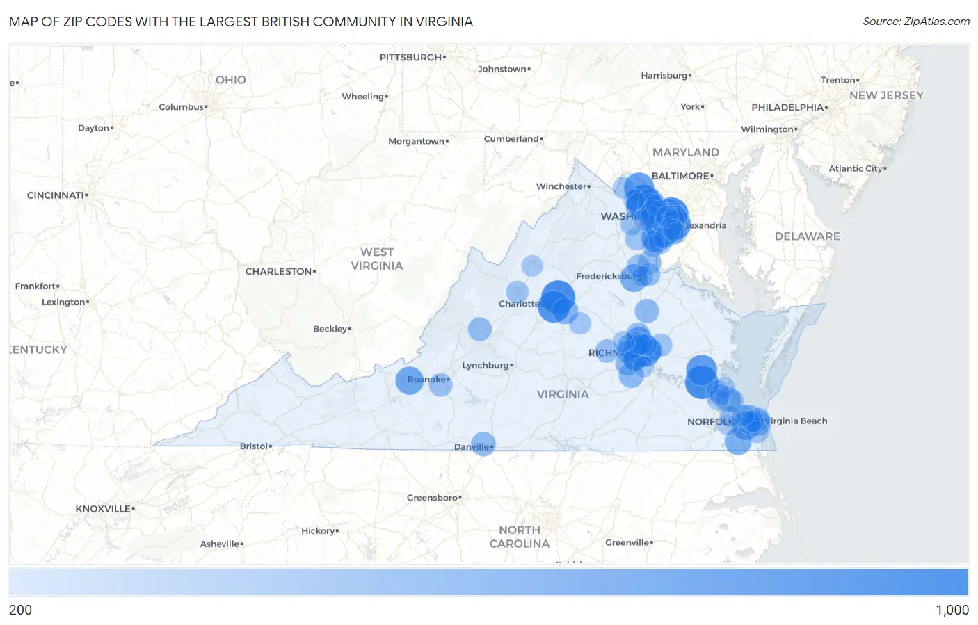 Zip Codes with the Largest British Community in Virginia Map