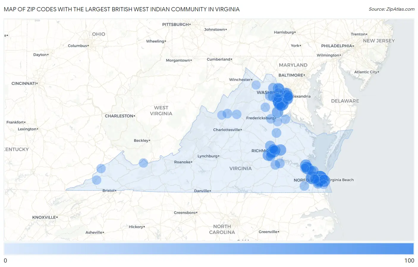 Zip Codes with the Largest British West Indian Community in Virginia Map