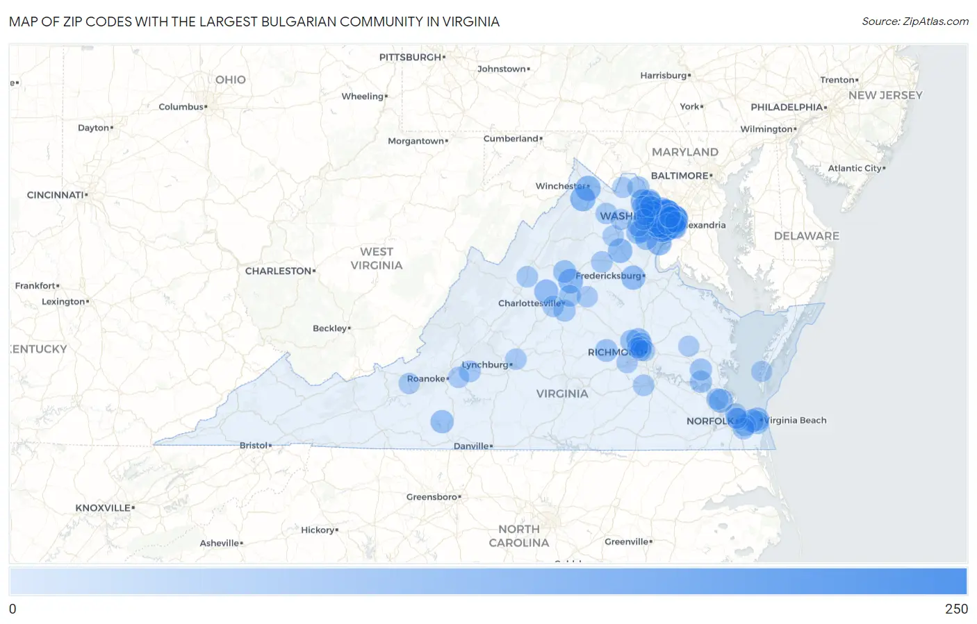 Zip Codes with the Largest Bulgarian Community in Virginia Map