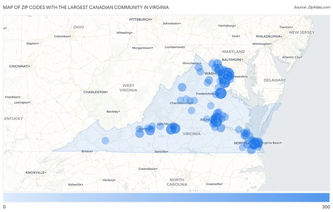 Zip Codes with the Largest Canadian Community in Virginia Map