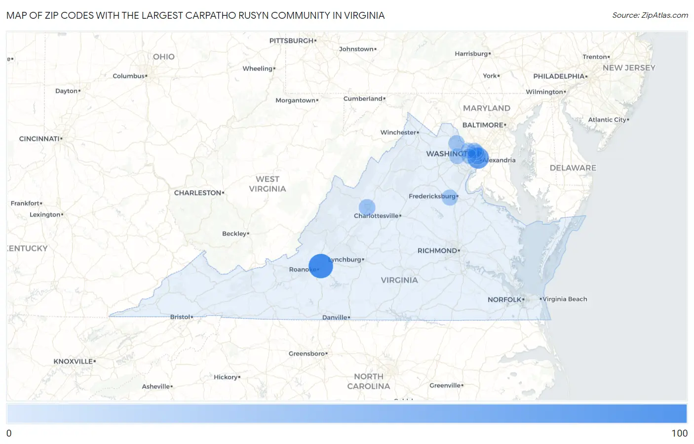 Zip Codes with the Largest Carpatho Rusyn Community in Virginia Map